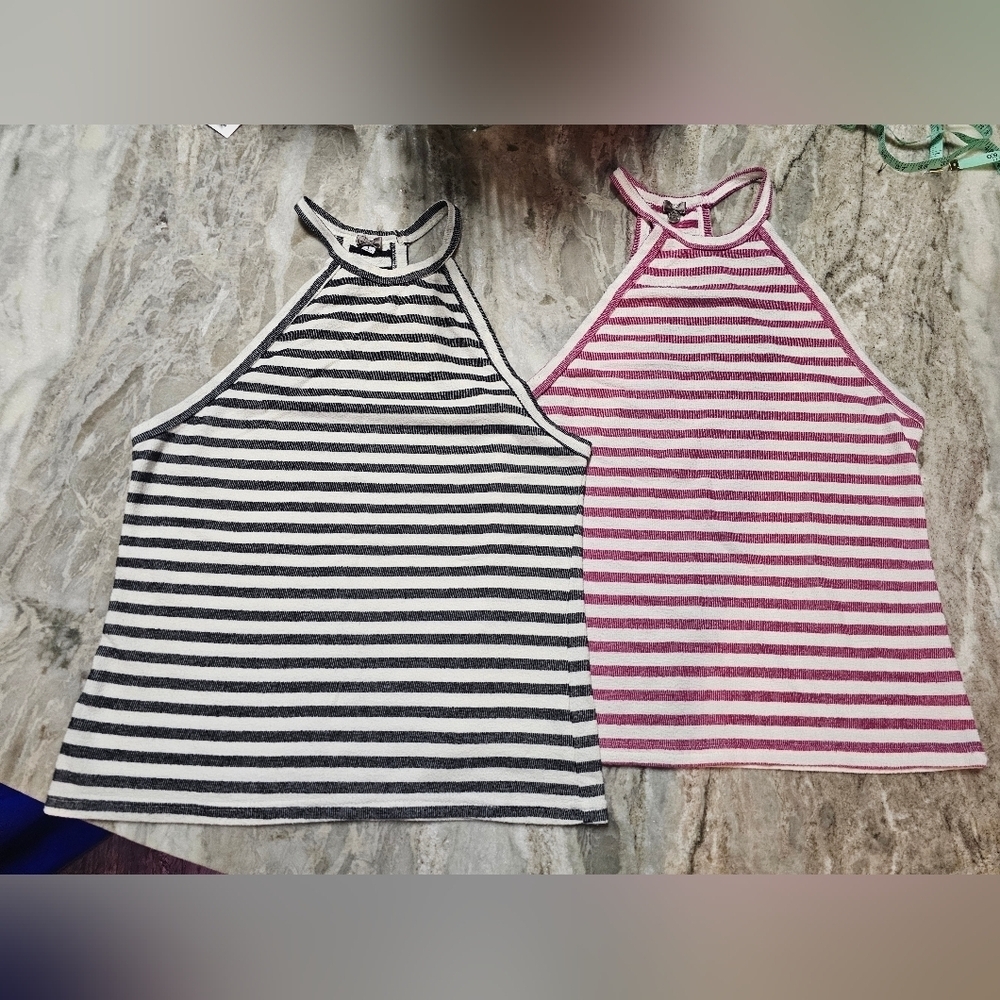 2 Poof Black White AND Pink White Stripe Tank Top Racer Back Large
